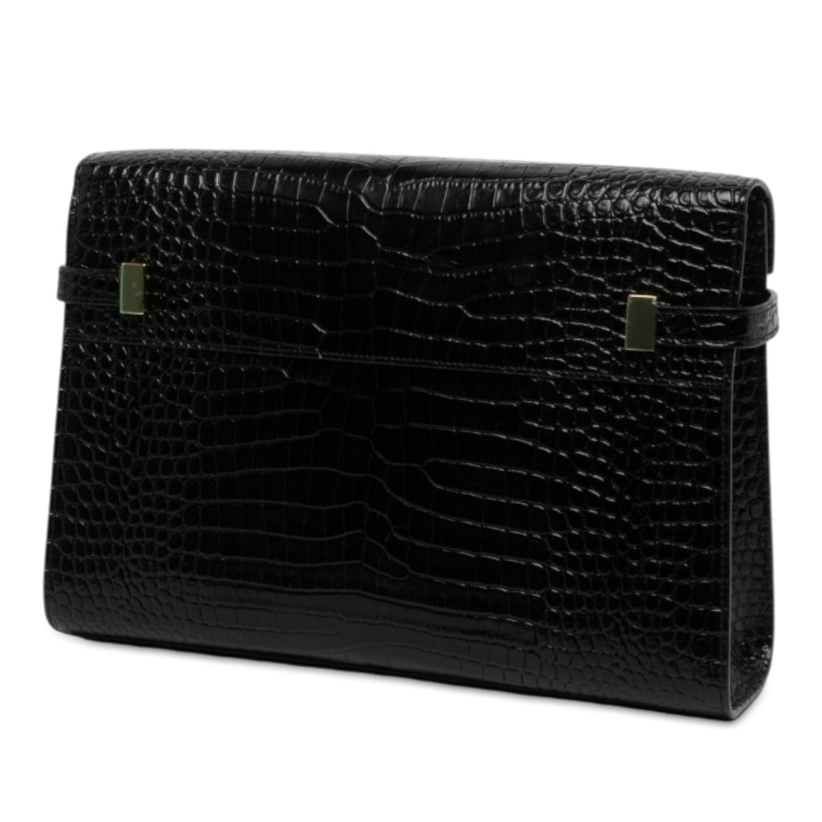 Saint Laurent Medium Shiny Croc Embossed Manhattan Shoulder Bag — Black