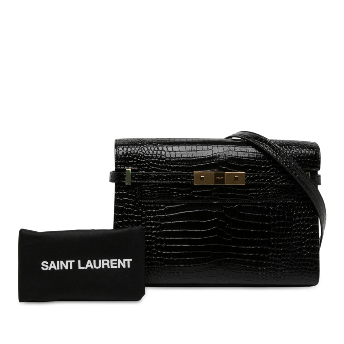 Saint Laurent Medium Shiny Croc Embossed Manhattan Shoulder Bag — Black