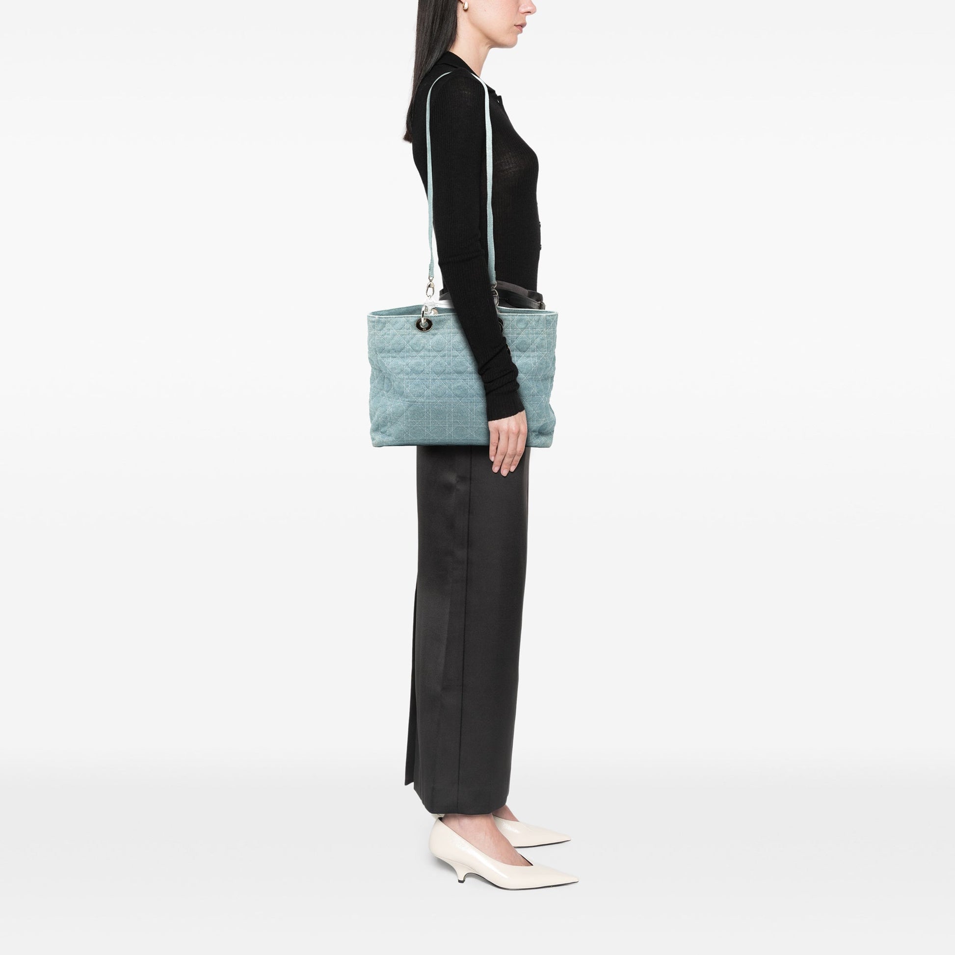 Dior Large Denim Cannage Acrylic Handles Lady Dior