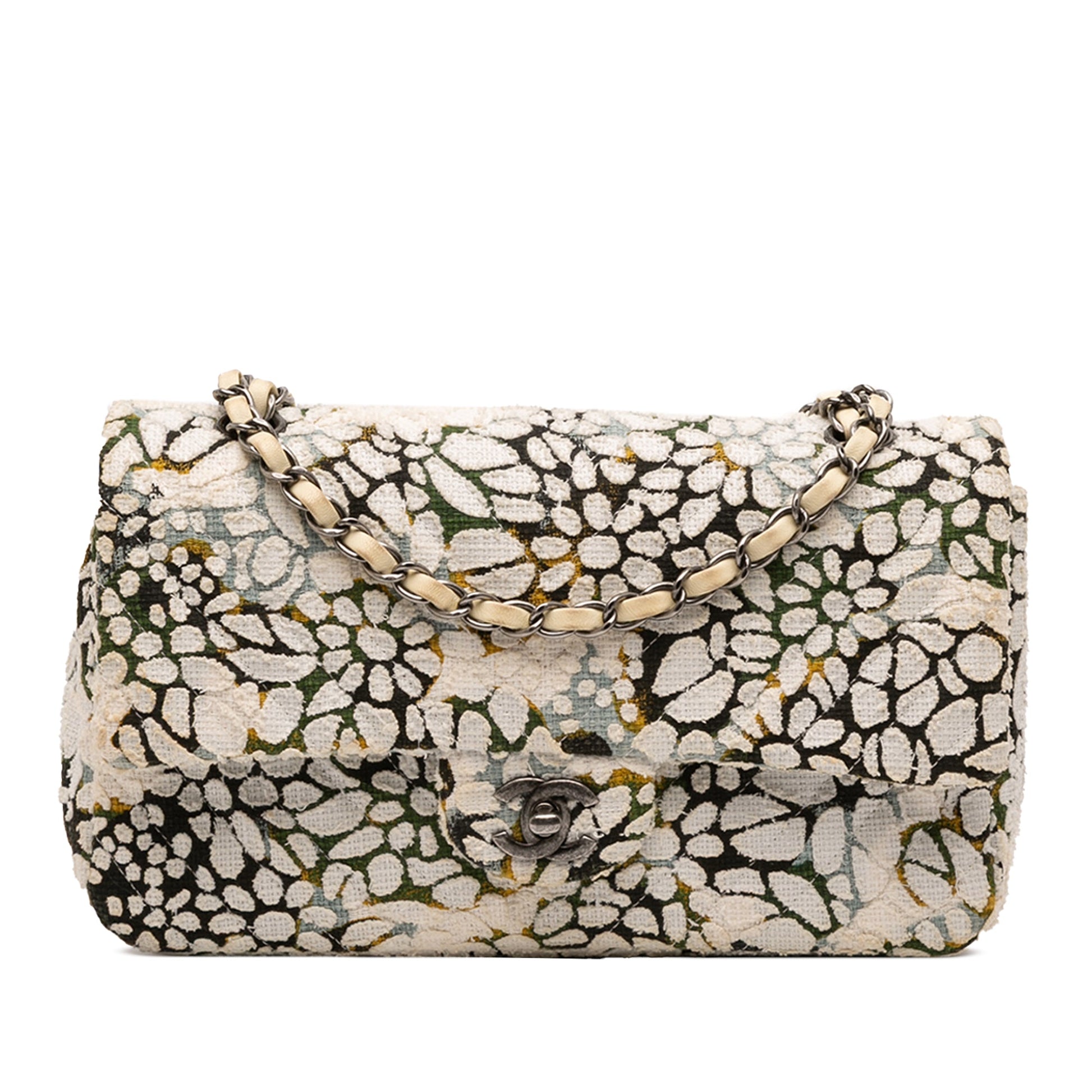 Chanel Medium Classic Chevron Tweed Floral Double Flap