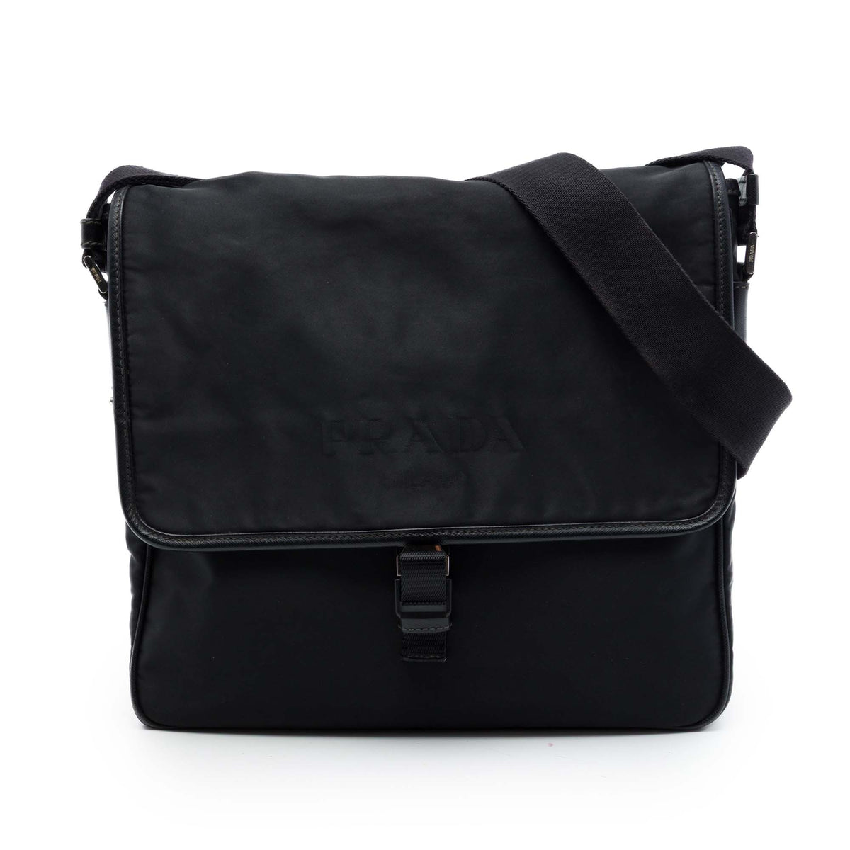 Prada Saffiano Trimmed Tessuto Buckle Messenger Bag — Black