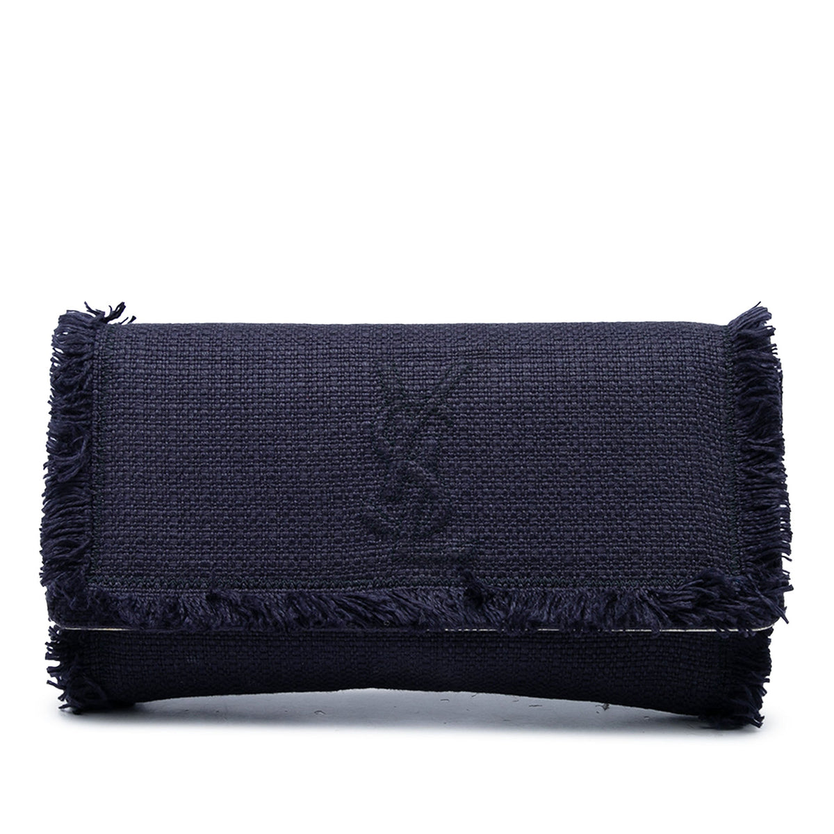 Saint Laurent Large Fringe Linen Monogram Belle De Jour Clutch — Blue