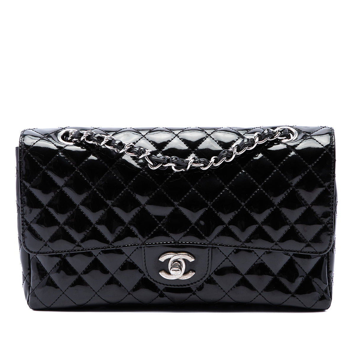 Chanel Medium Quilted Patent Secret Label Flap — Black