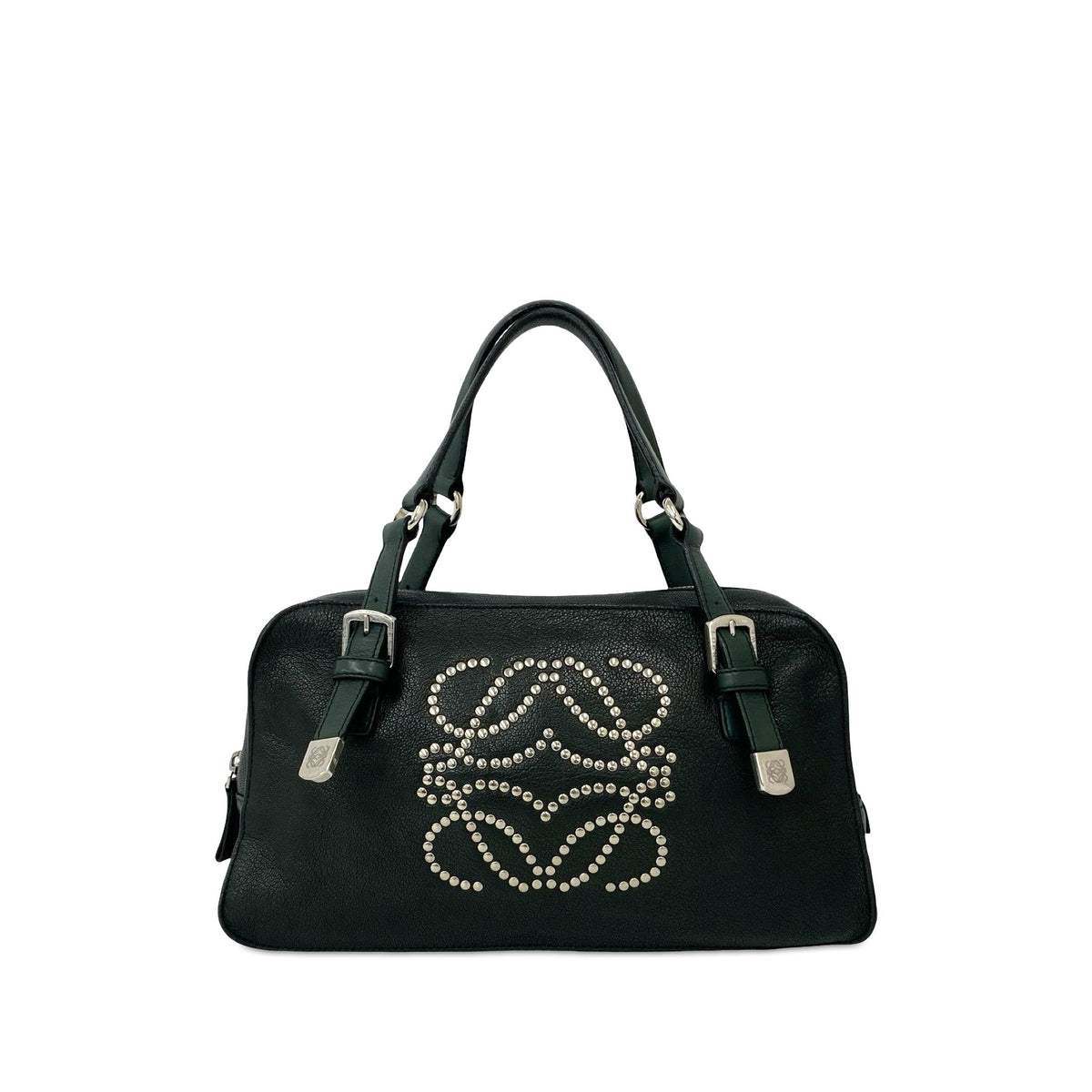 LOEWE Leather Studded Anagram Handbag — Green
