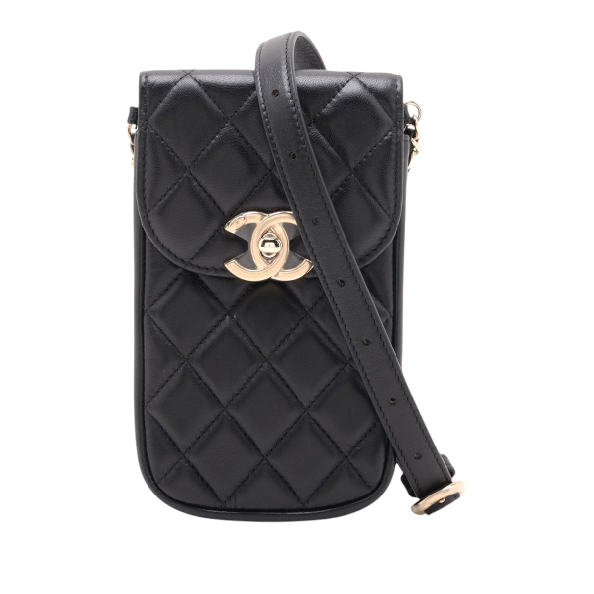 Chanel Quilted Lambskin Phone Chain Clutch Waist Bag — Black