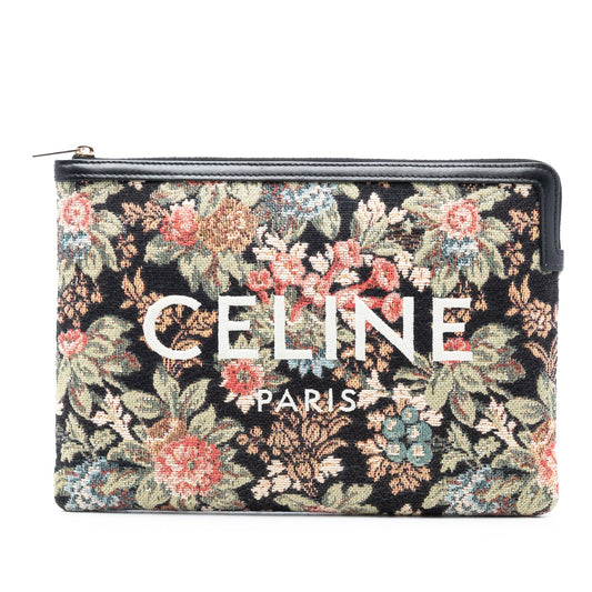 Celine Small Floral Tapestry Jacquard Calfskin Logo Pouch