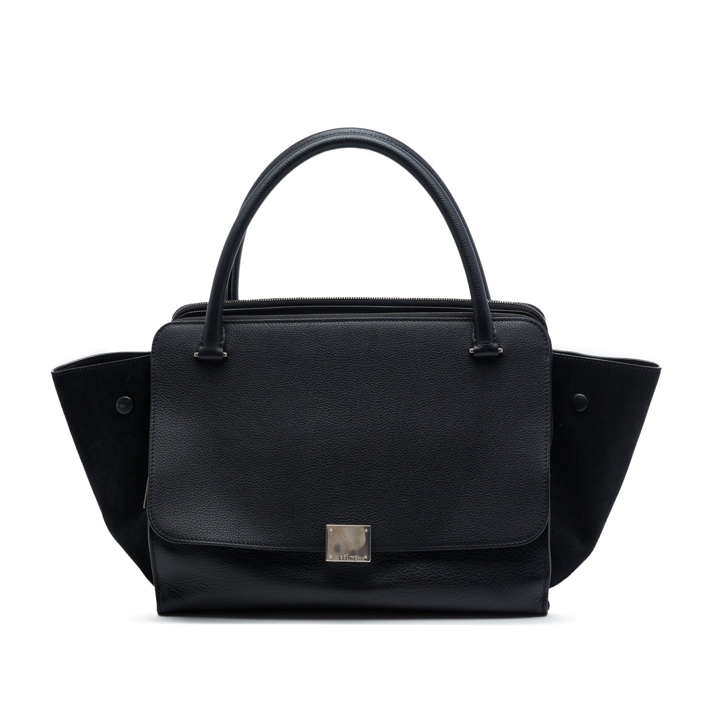 Celine Medium Drummed Calfskin and Suede Trapeze Double Zip Satchel