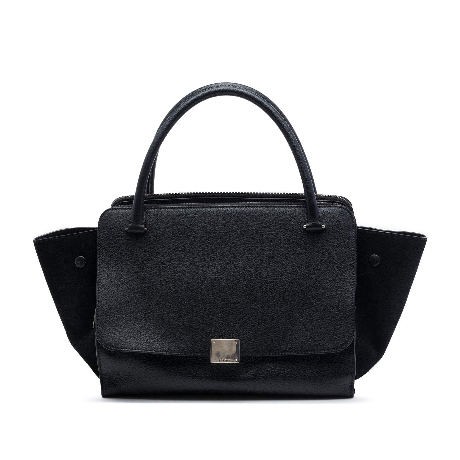 Celine Medium Drummed Calfskin and Suede Trapeze Double Zip Satchel