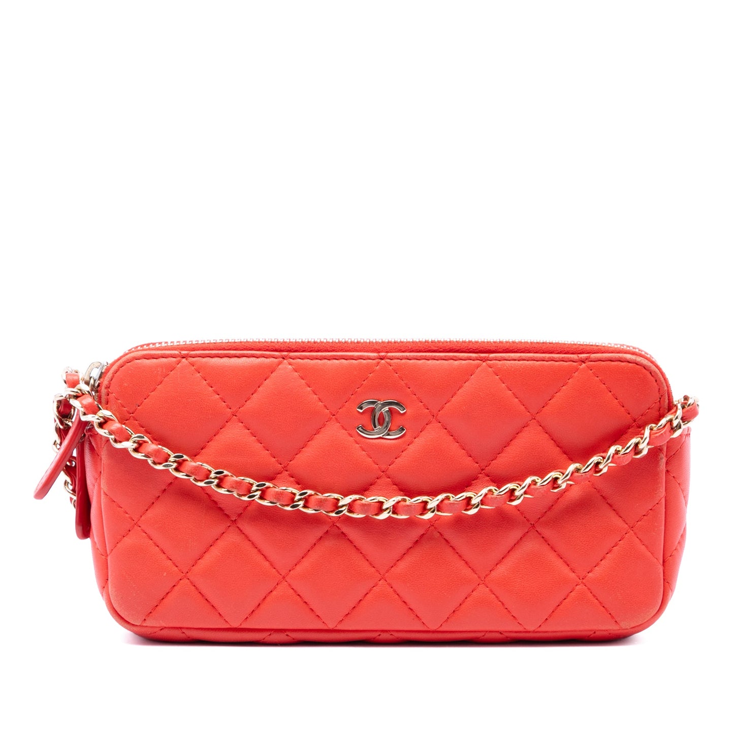 Chanel CC Quilted Lambskin Double Zip Clutch With Chain
