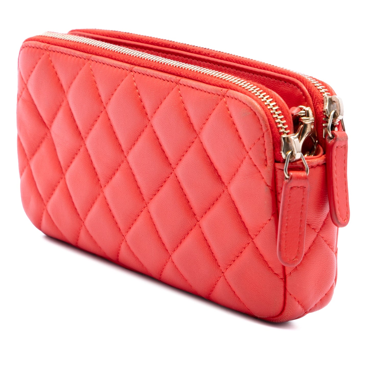 Chanel CC Quilted Lambskin Double Zip Clutch With Chain