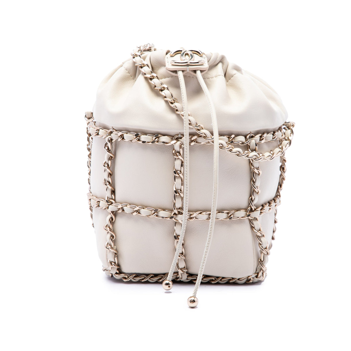 Chanel Mini Lambskin CC Chain Frame Drawstring Bucket Bag — White