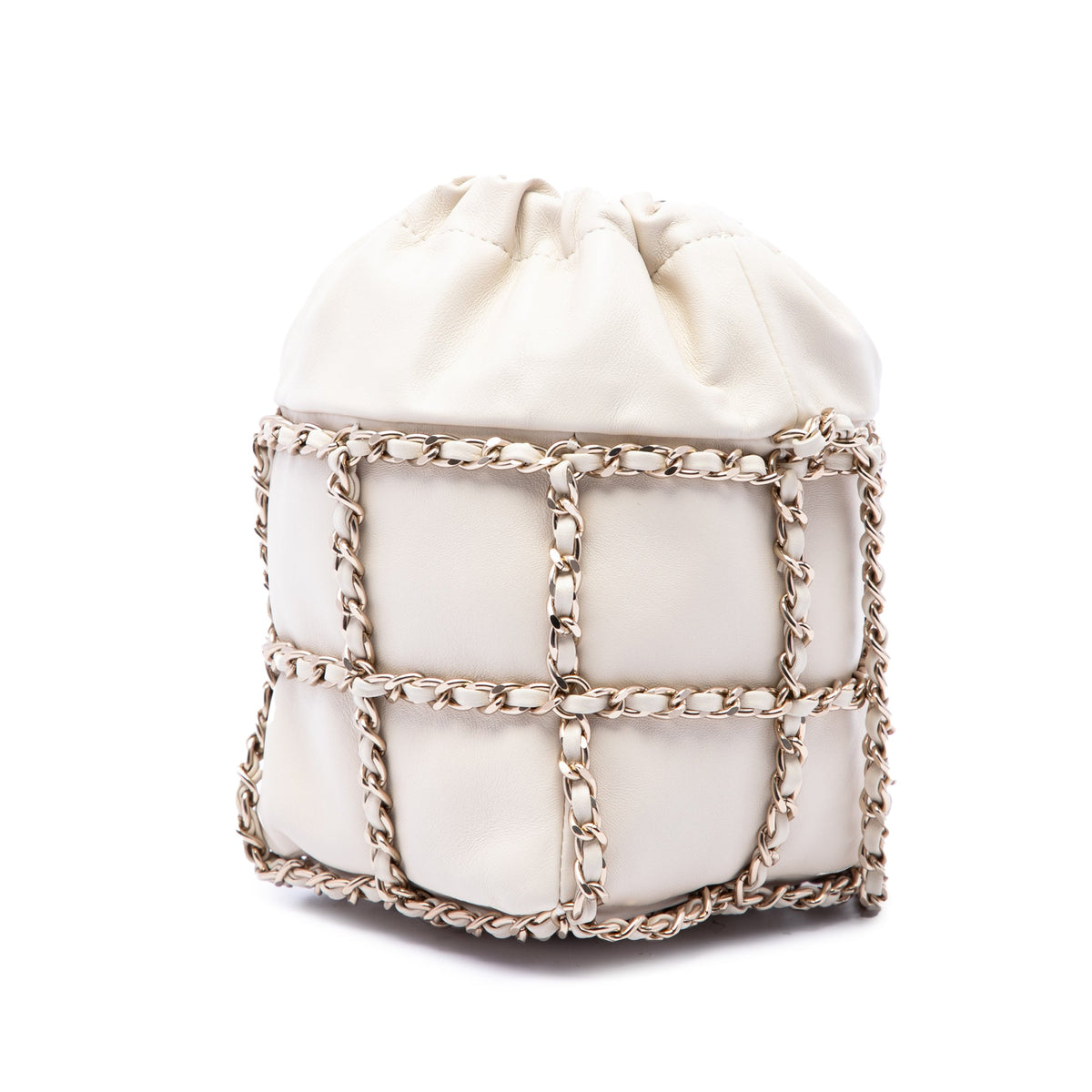Chanel Mini Lambskin CC Chain Frame Drawstring Bucket Bag — White