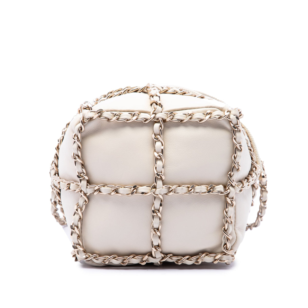 Chanel Mini Lambskin CC Chain Frame Drawstring Bucket Bag — White