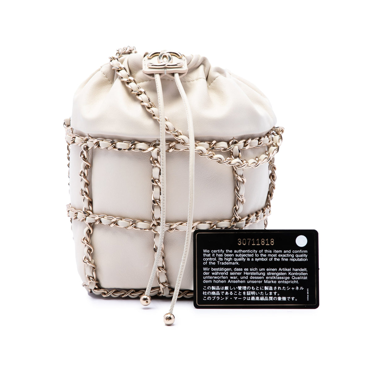 Chanel Mini Lambskin CC Chain Frame Drawstring Bucket Bag — White
