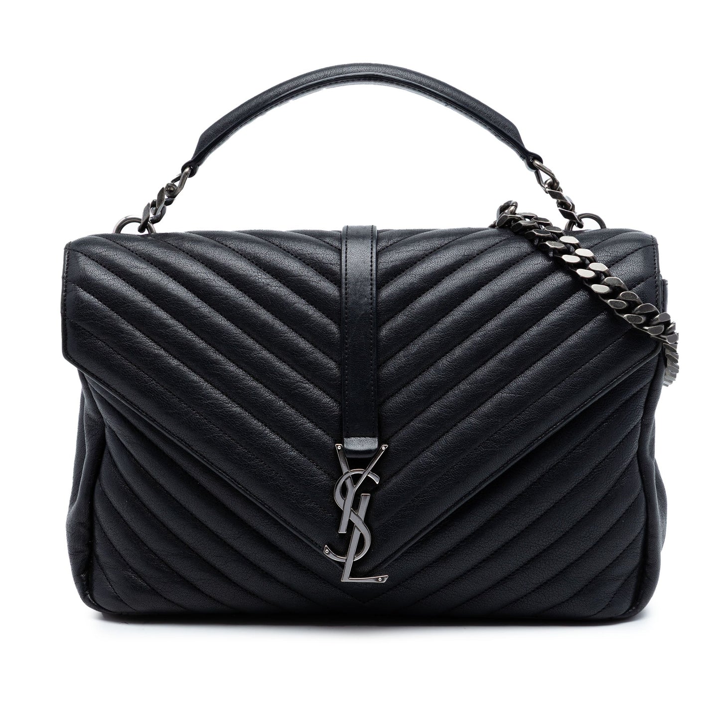 Saint Laurent Large Sheepskin Chevron Monogram Monochrome College Bag