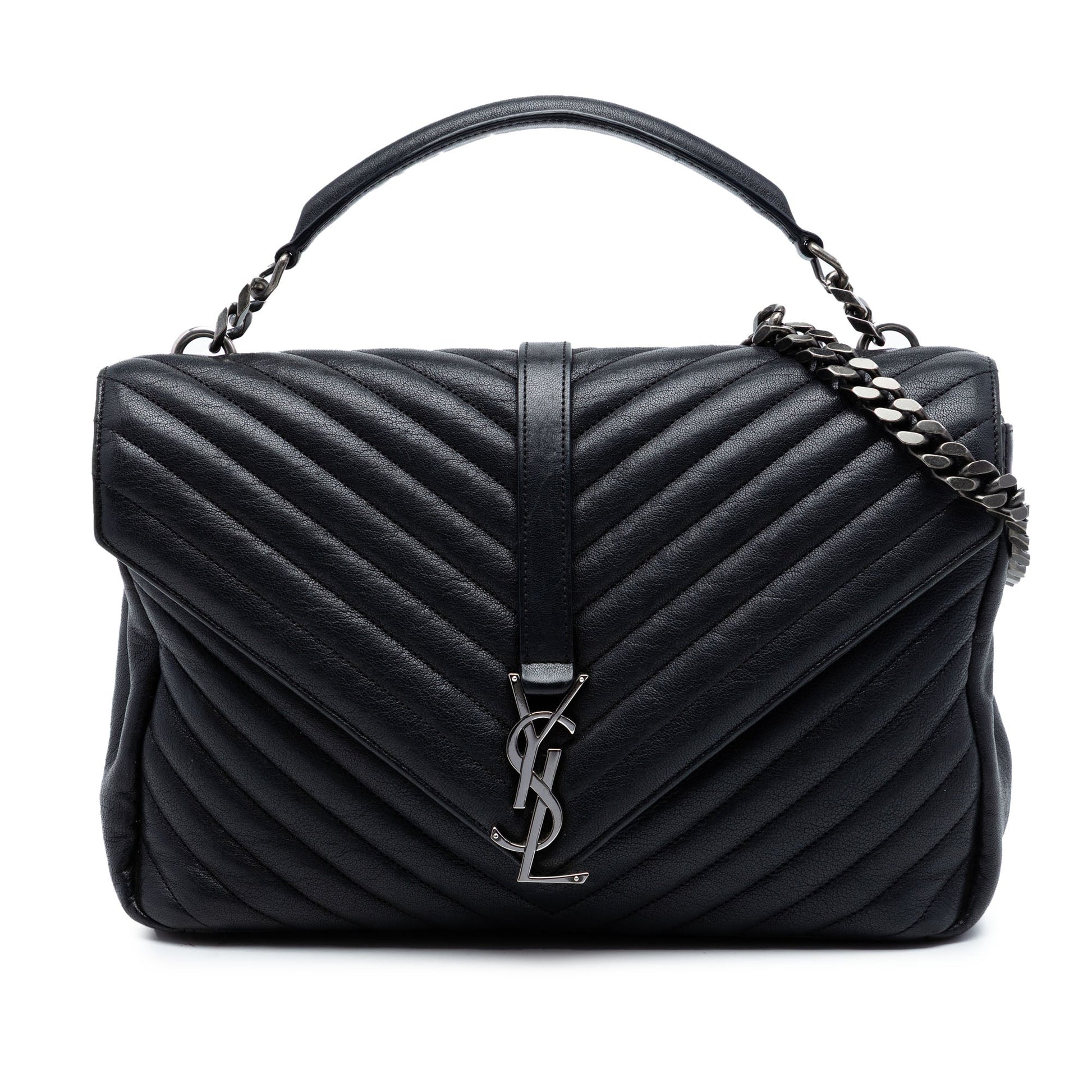 Saint Laurent Large Sheepskin Chevron Monogram Monochrome College Bag
