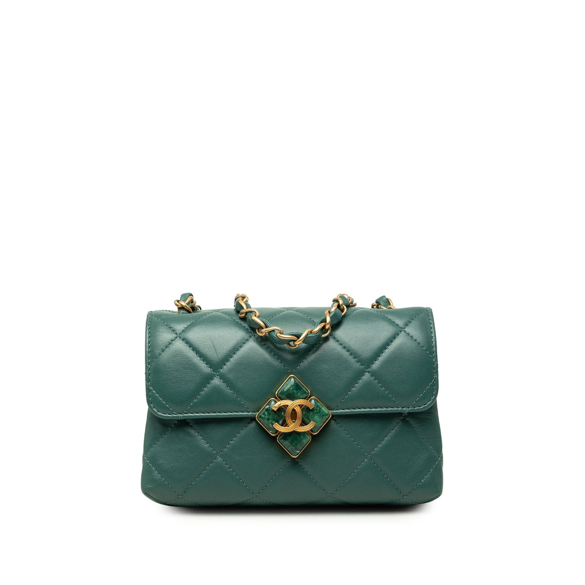 Chanel Mini Lambskin Diamond Lock Flap — Green
