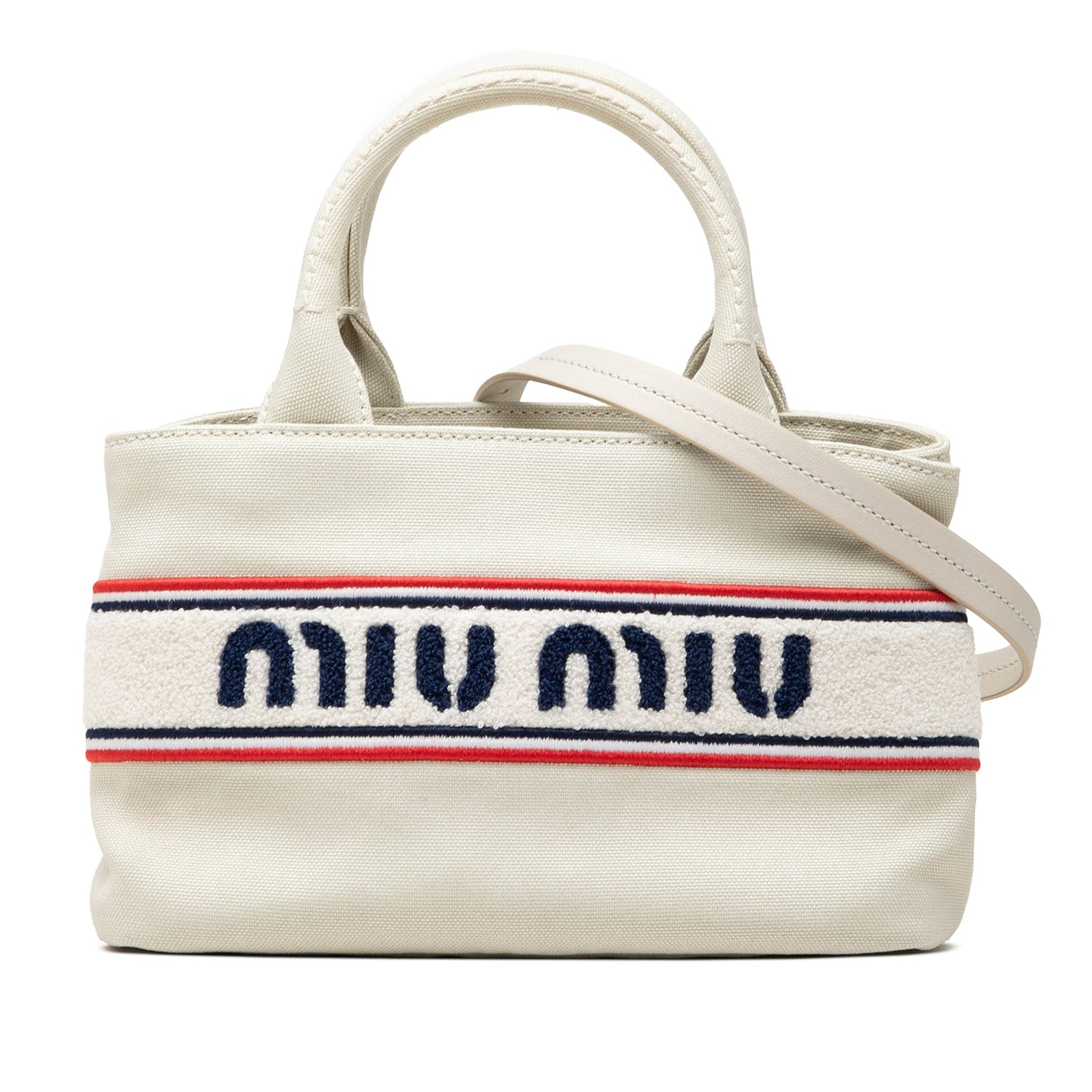 Miu Miu Cotton Trimmed Embroidered Canvas Logo Convertible Tote