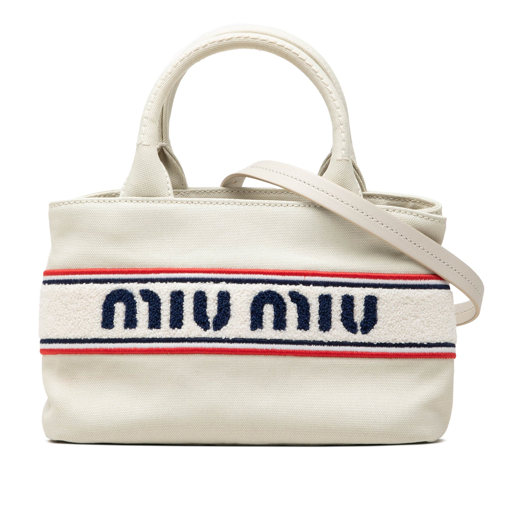 Miu Miu Cotton Trimmed Embroidered Canvas Logo Convertible Tote
