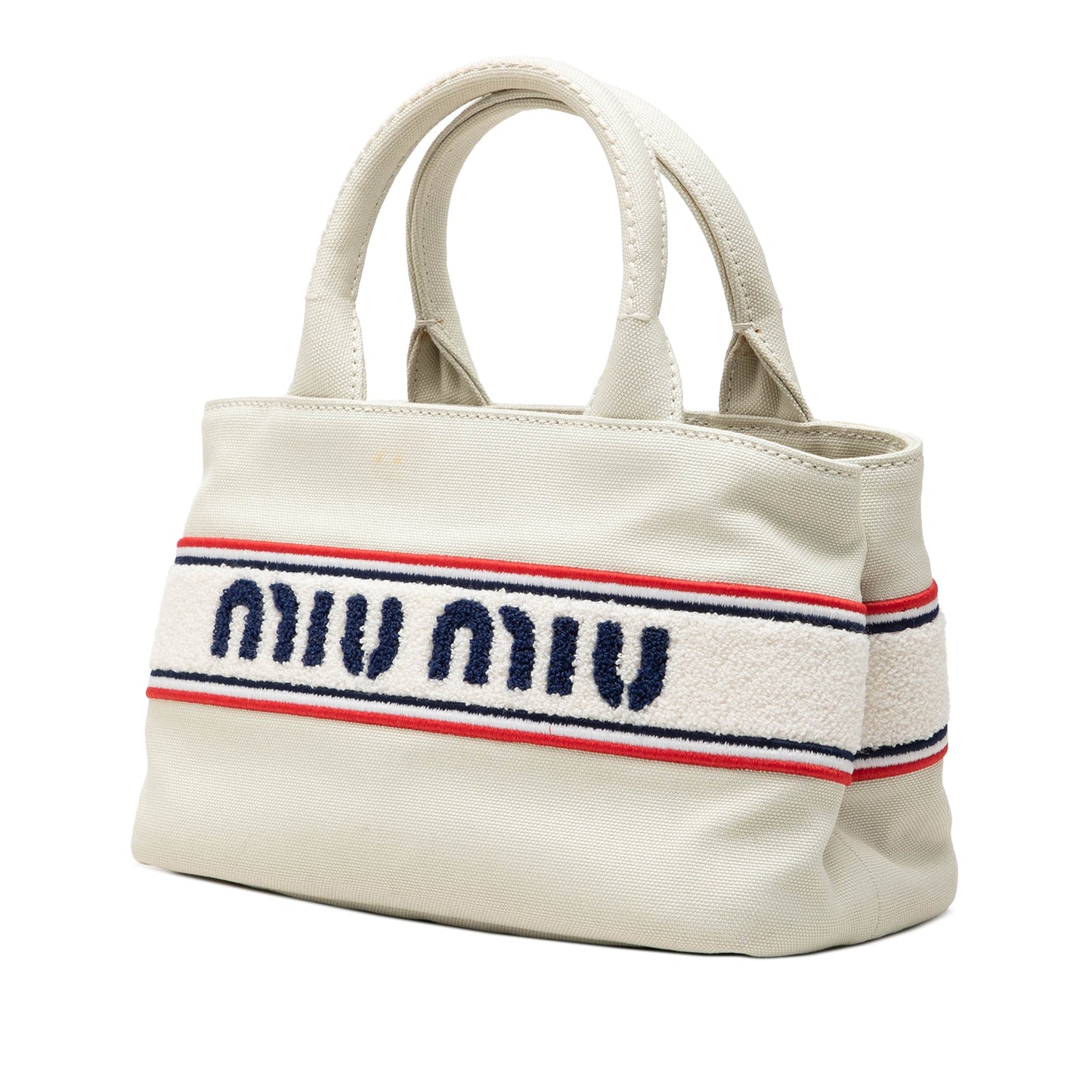 Miu Miu Cotton Trimmed Embroidered Canvas Logo Convertible Tote