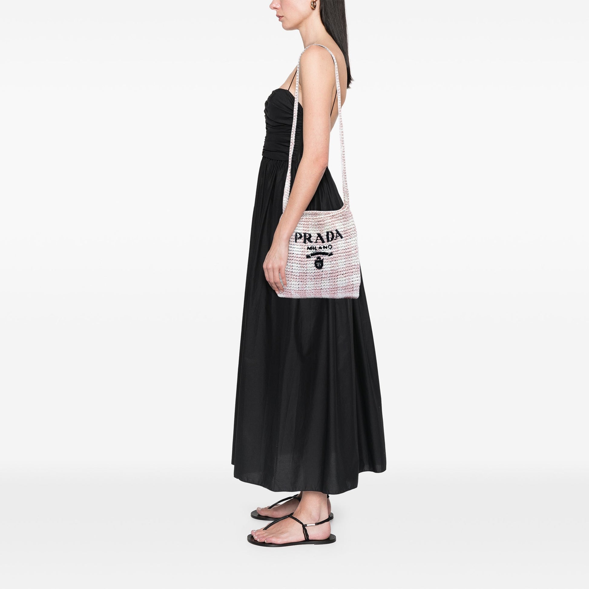 Prada Raffia Effect Crochet Embroidered Logo Crossbody