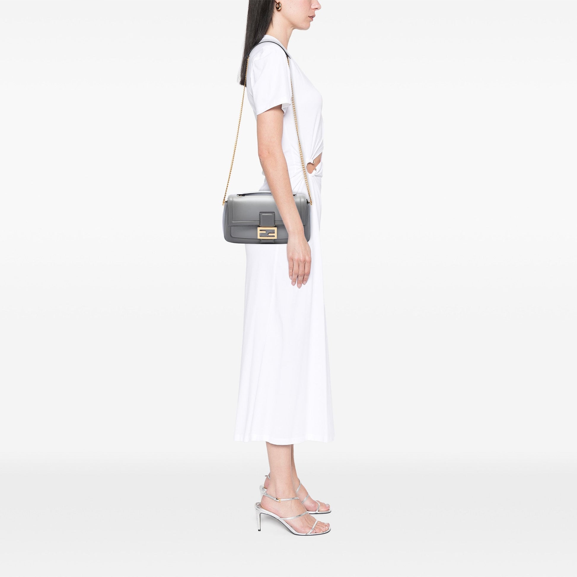 Fendi Leather Baguette Chain Midi Shoulder Bag