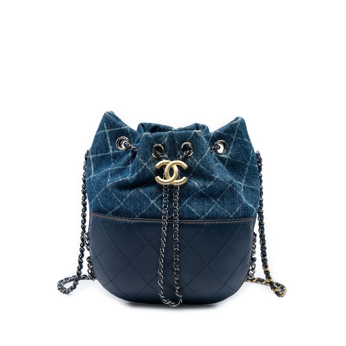 Chanel Small Printed Denim and Quilted Calfskin Gabrielle Bucket Bag — Blue