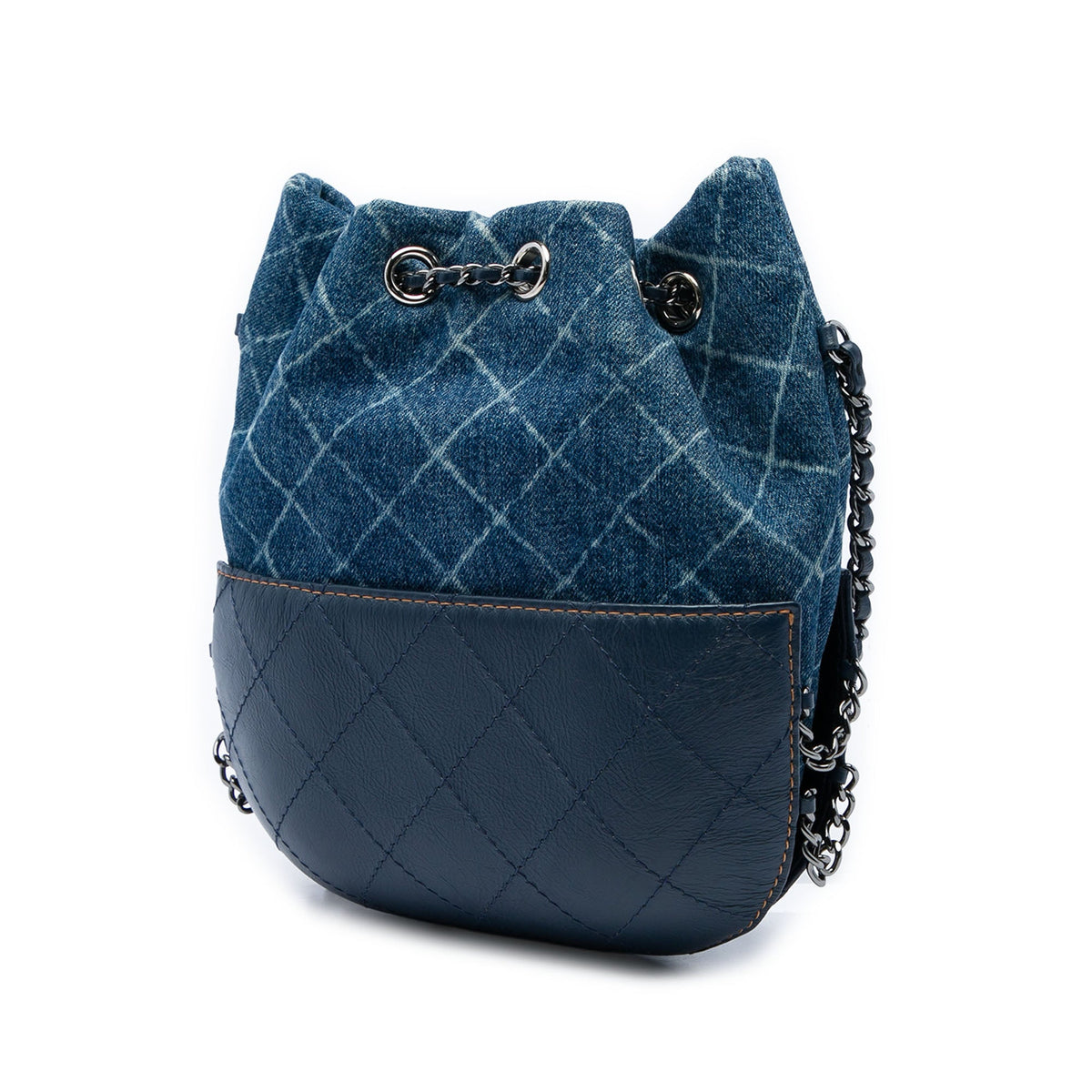Chanel Small Printed Denim and Quilted Calfskin Gabrielle Bucket Bag — Blue