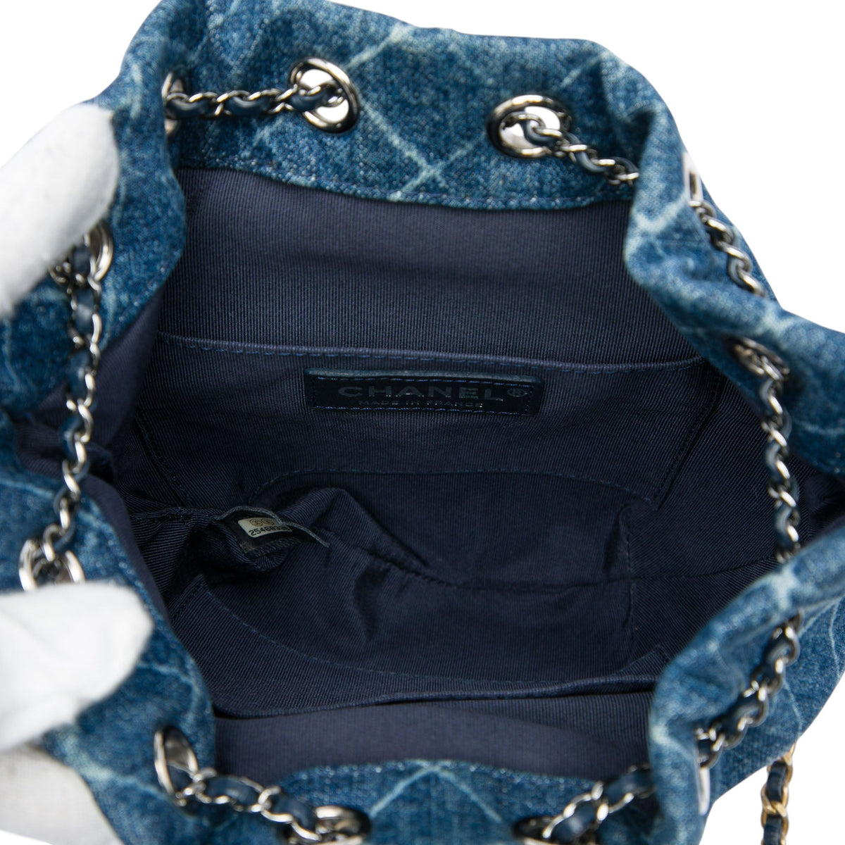 Chanel Small Printed Denim and Quilted Calfskin Gabrielle Bucket Bag — Blue