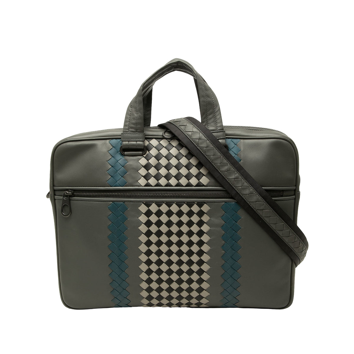 Bottega Veneta Intrecciato Trimmed Leather Briefcase — Gray