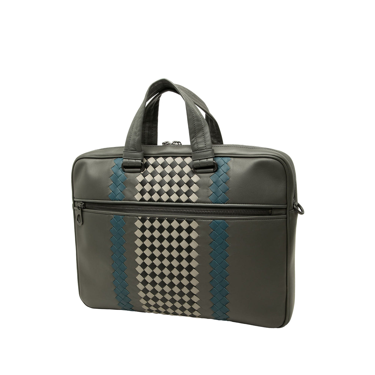 Bottega Veneta Intrecciato Trimmed Leather Briefcase — Gray