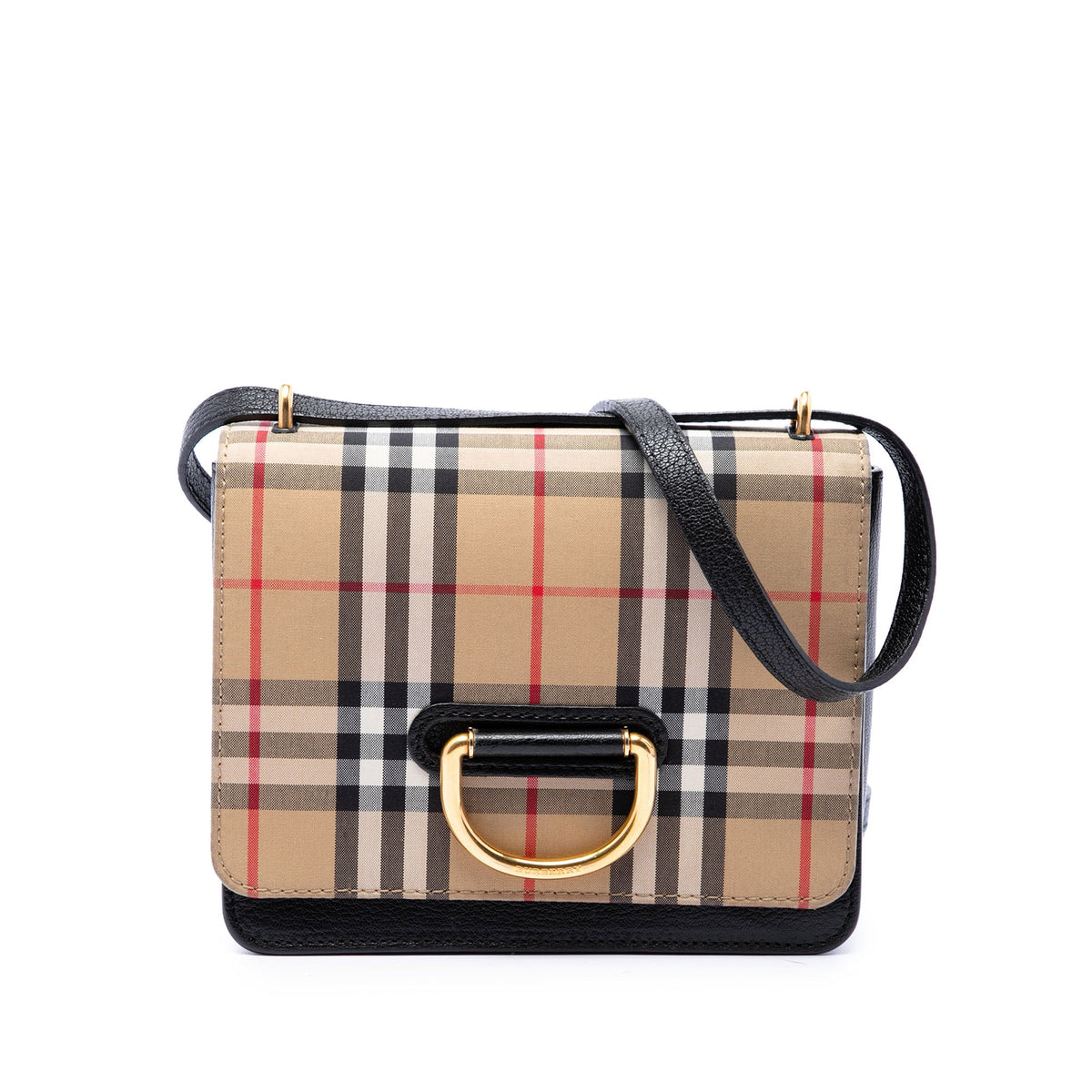 Burberry Small Goatskin Trimmed House Check Canvas D Ring Crossbody — Beige