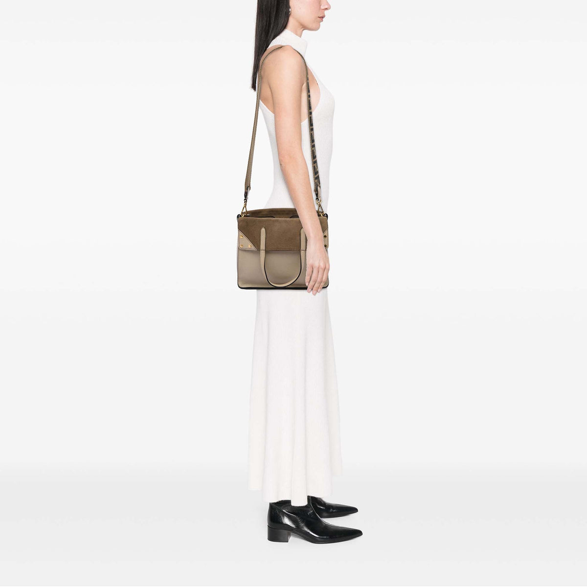 Fendi Vitello Grace and Suede Flip Satchel — Beige