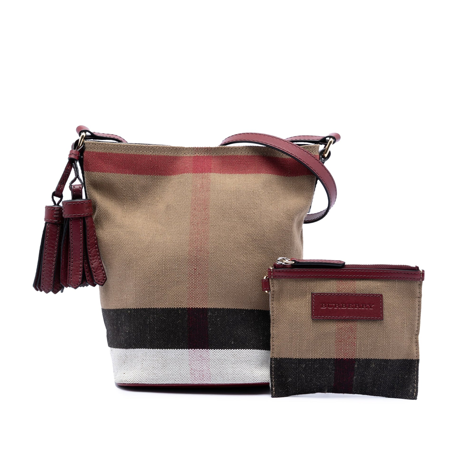 Burberry Mini Mega Check Canvas Ashby Tassel Bucket Bag