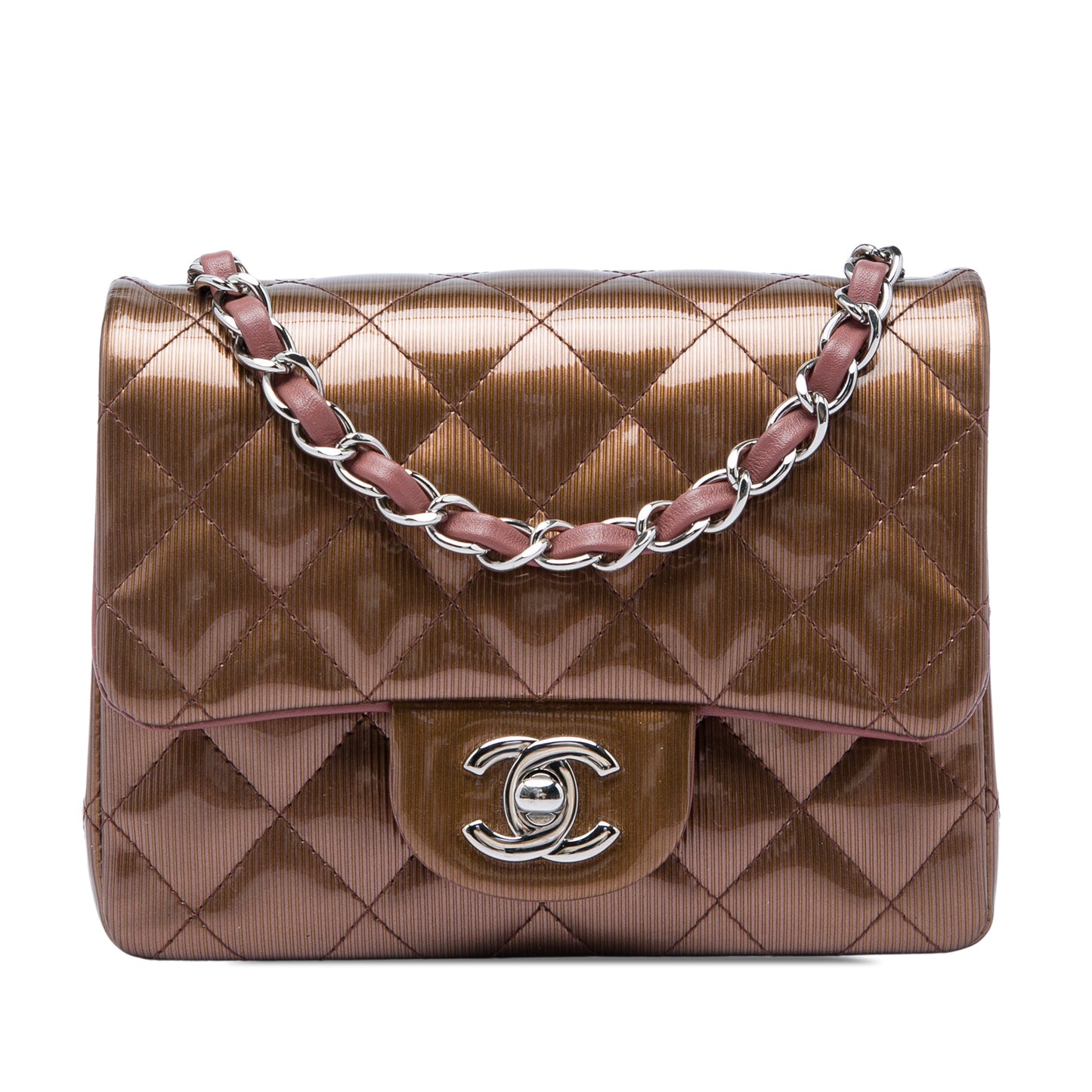 Chanel Mini Square Classic Metallic Striped Patent Single Flap