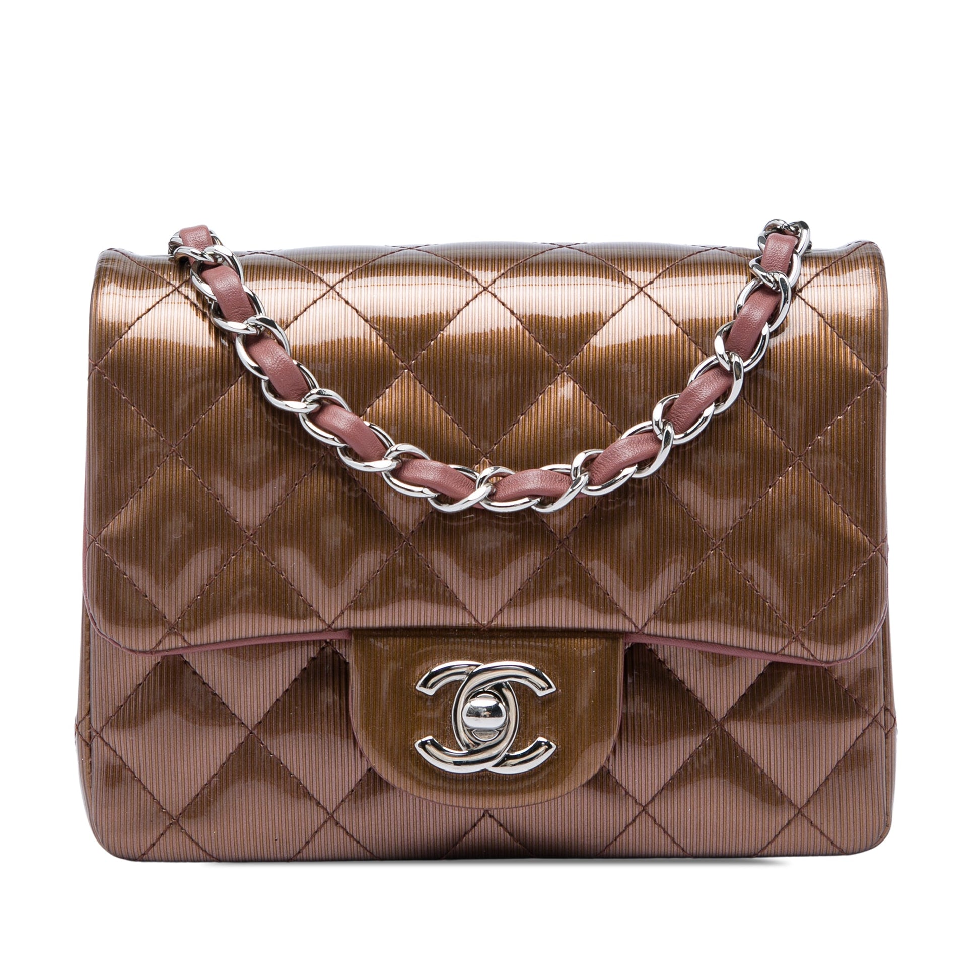 Chanel Mini Square Classic Metallic Striped Patent Single Flap