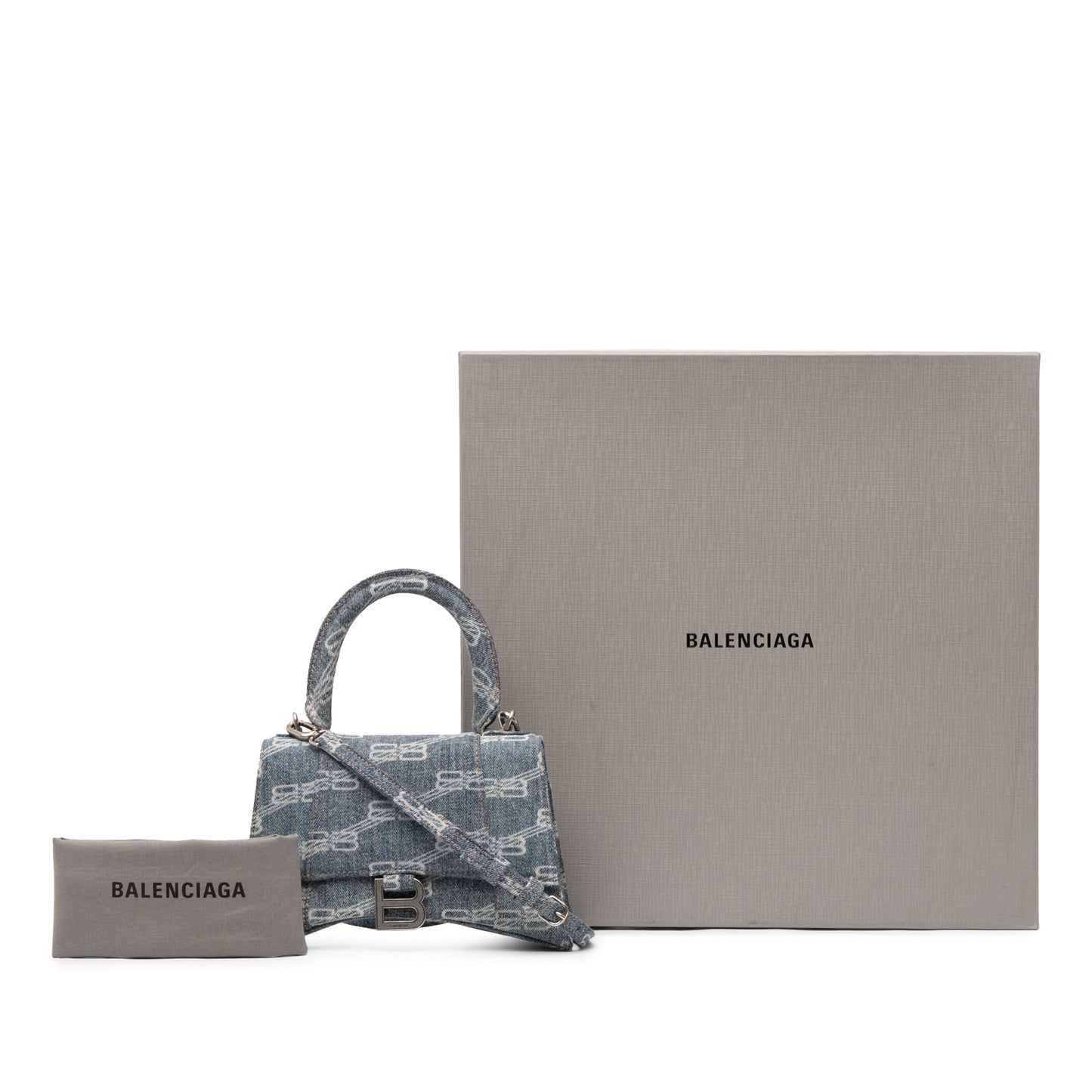 Balenciaga Small BB Monogram Denim Hourglass Top Handle Bag