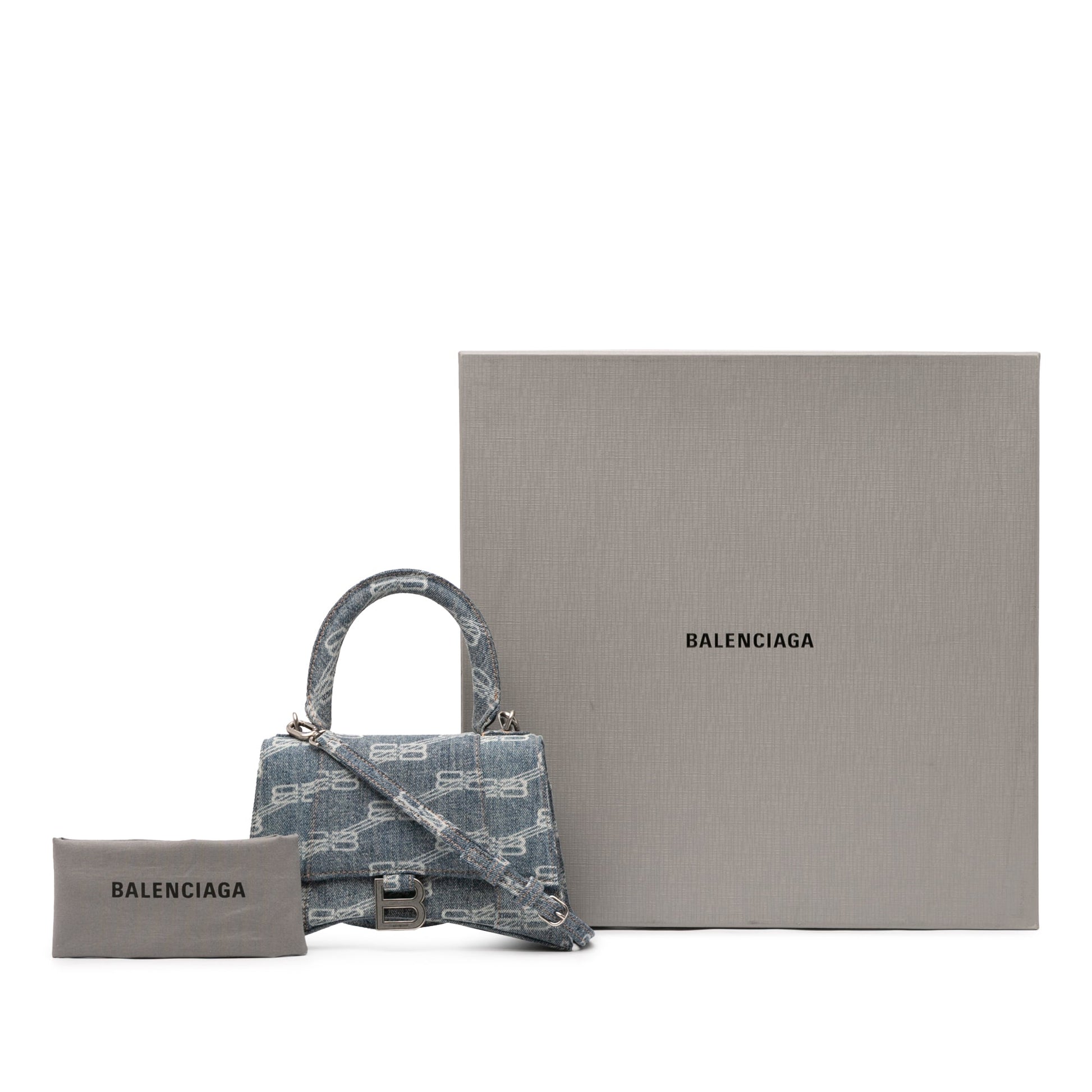 Balenciaga Small BB Monogram Denim Hourglass Top Handle Bag