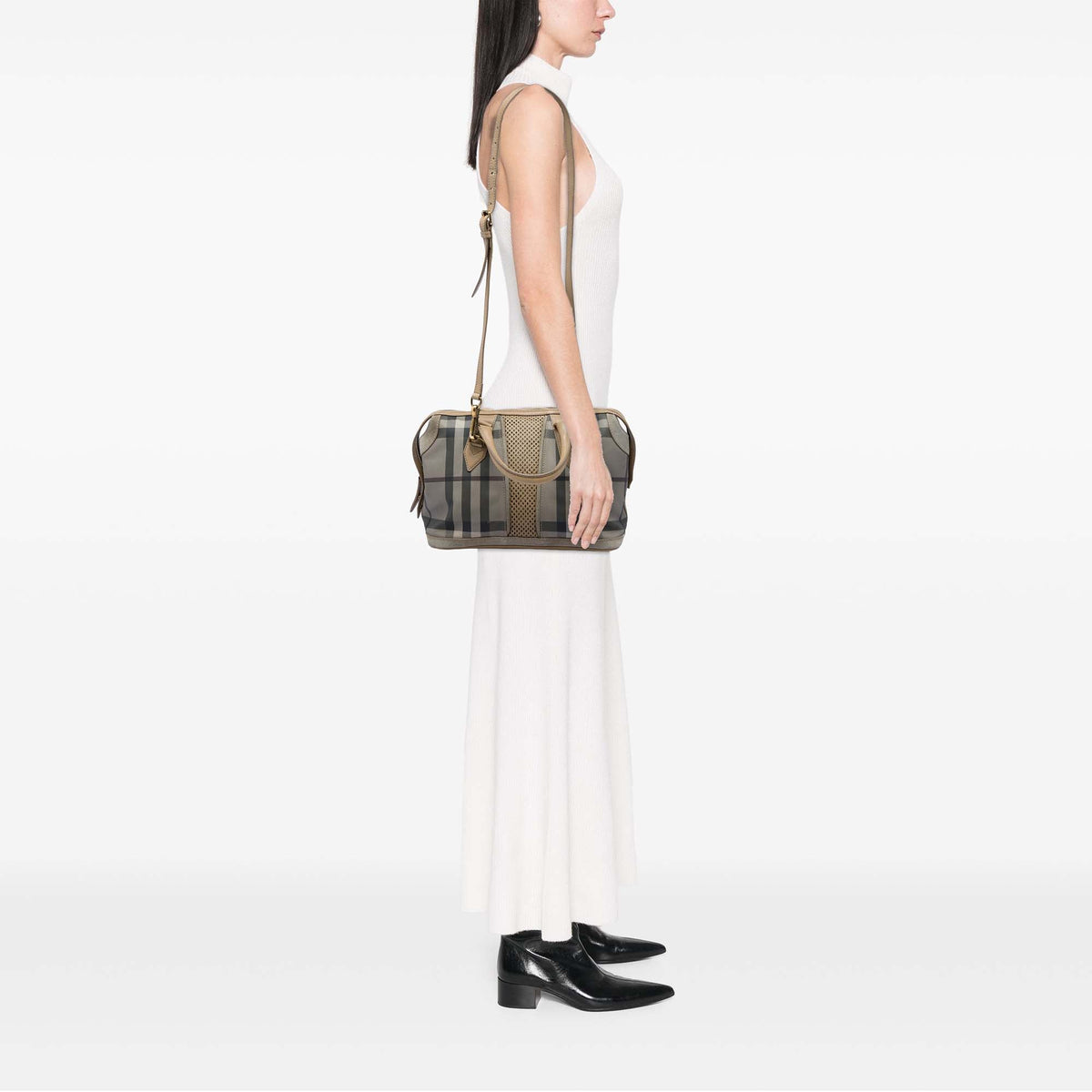 Burberry Smoke Check Coated Canvas Gilmoure Satchel — Gray