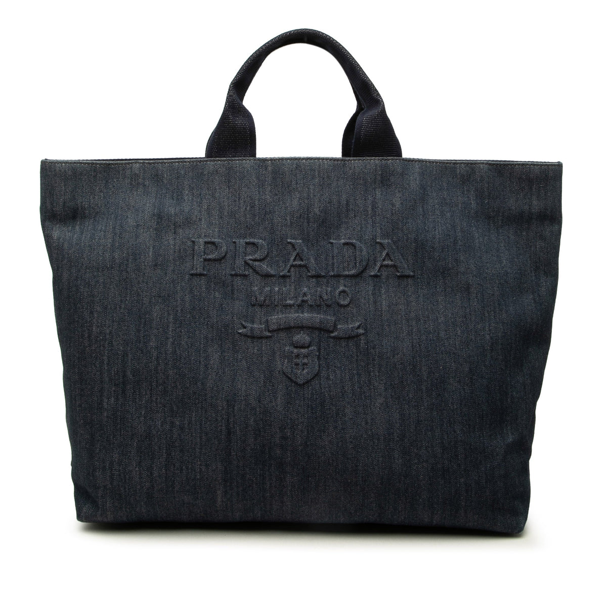 Prada Debossed Denim Logo Drill Tote — Blue