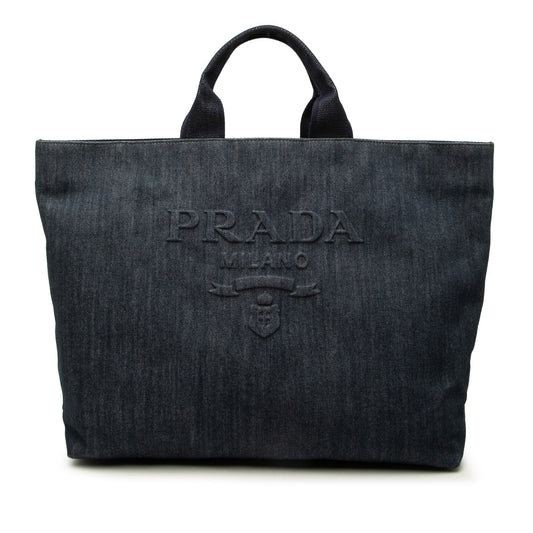 Prada Debossed Denim Logo Drill Tote — Blue