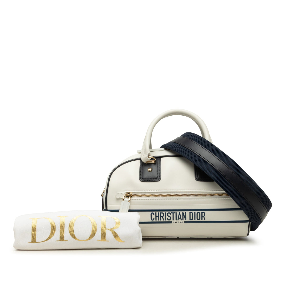 Dior Small Leather Dior Vibe Zip Bowling Bag — White