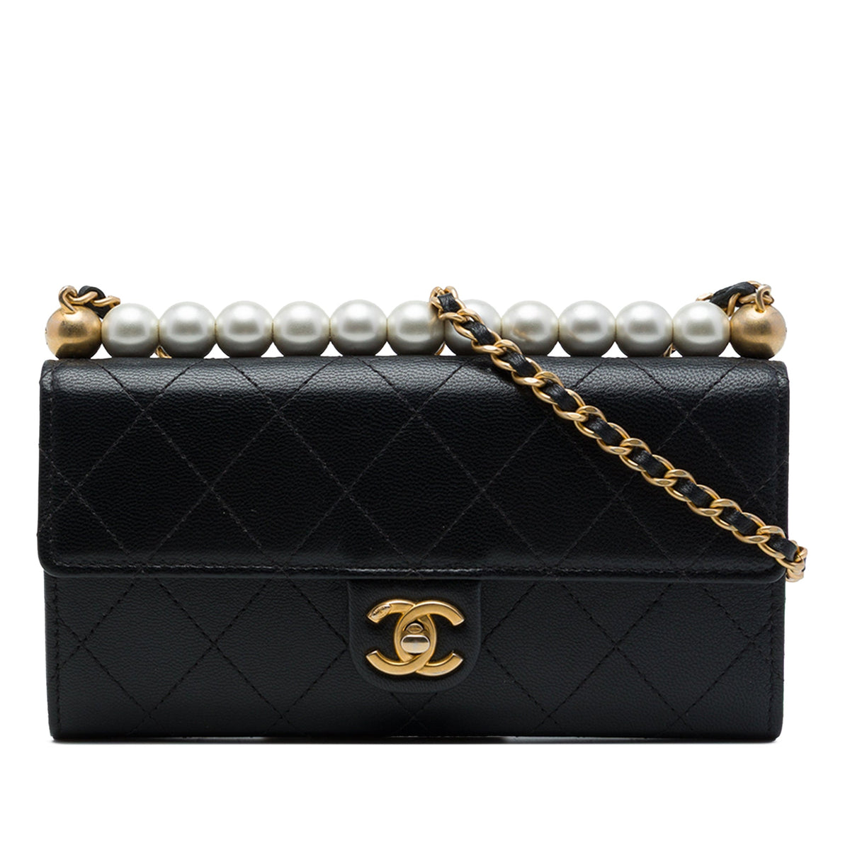 Chanel Quilted Goatskin Chic Pearls Clutch with Chain — Black