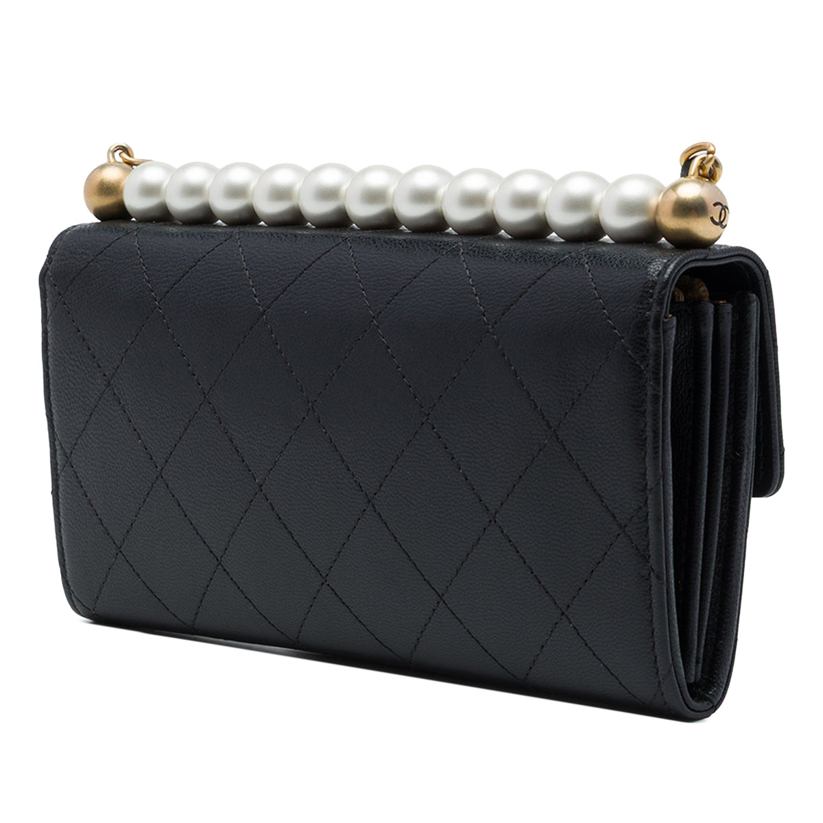 Chanel Quilted Goatskin Chic Pearls Clutch with Chain — Black