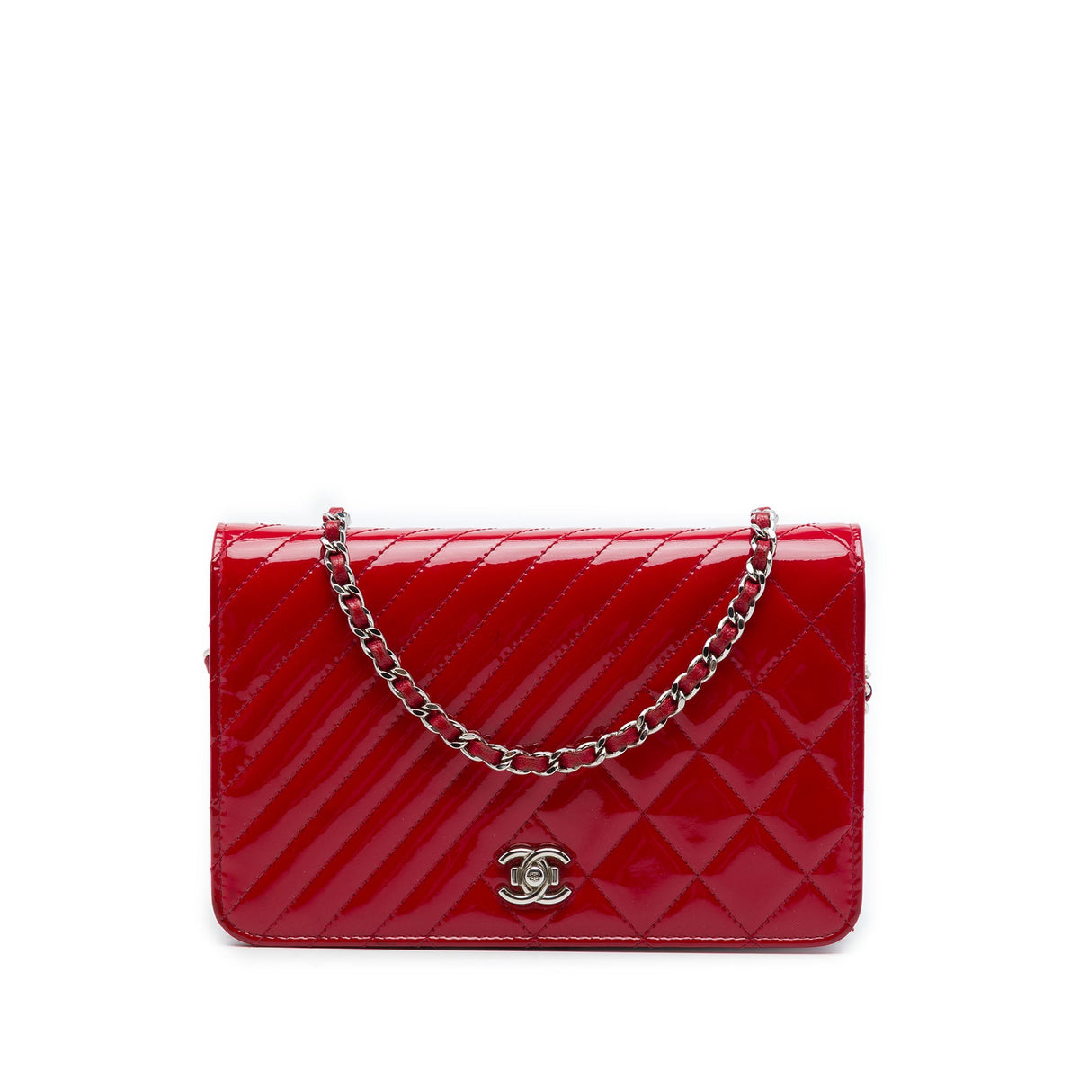 Chanel Quilted Patent Coco Boy Wallet On Chain — Red
