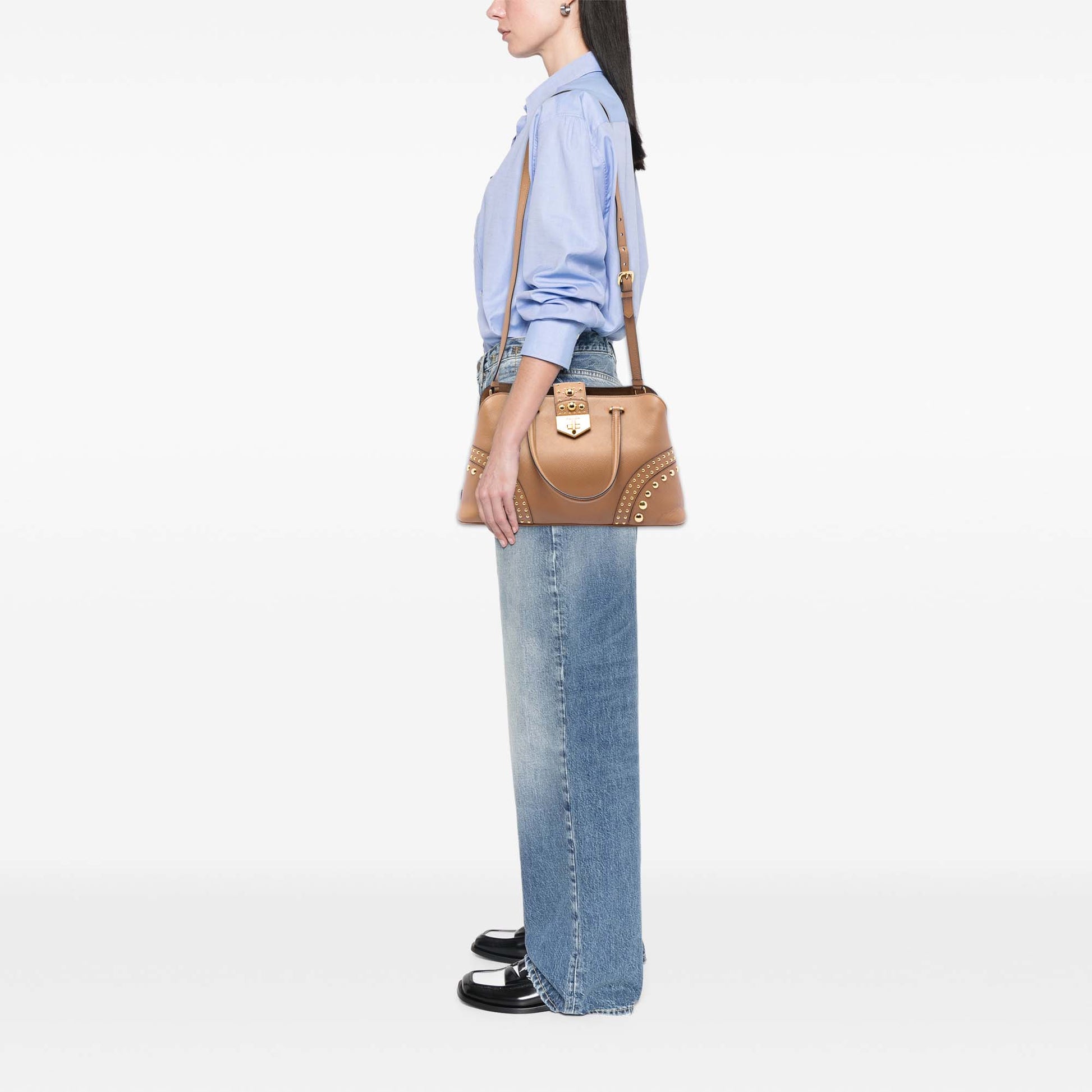 Prada Studded Saffiano Cuir Promenade Satchel