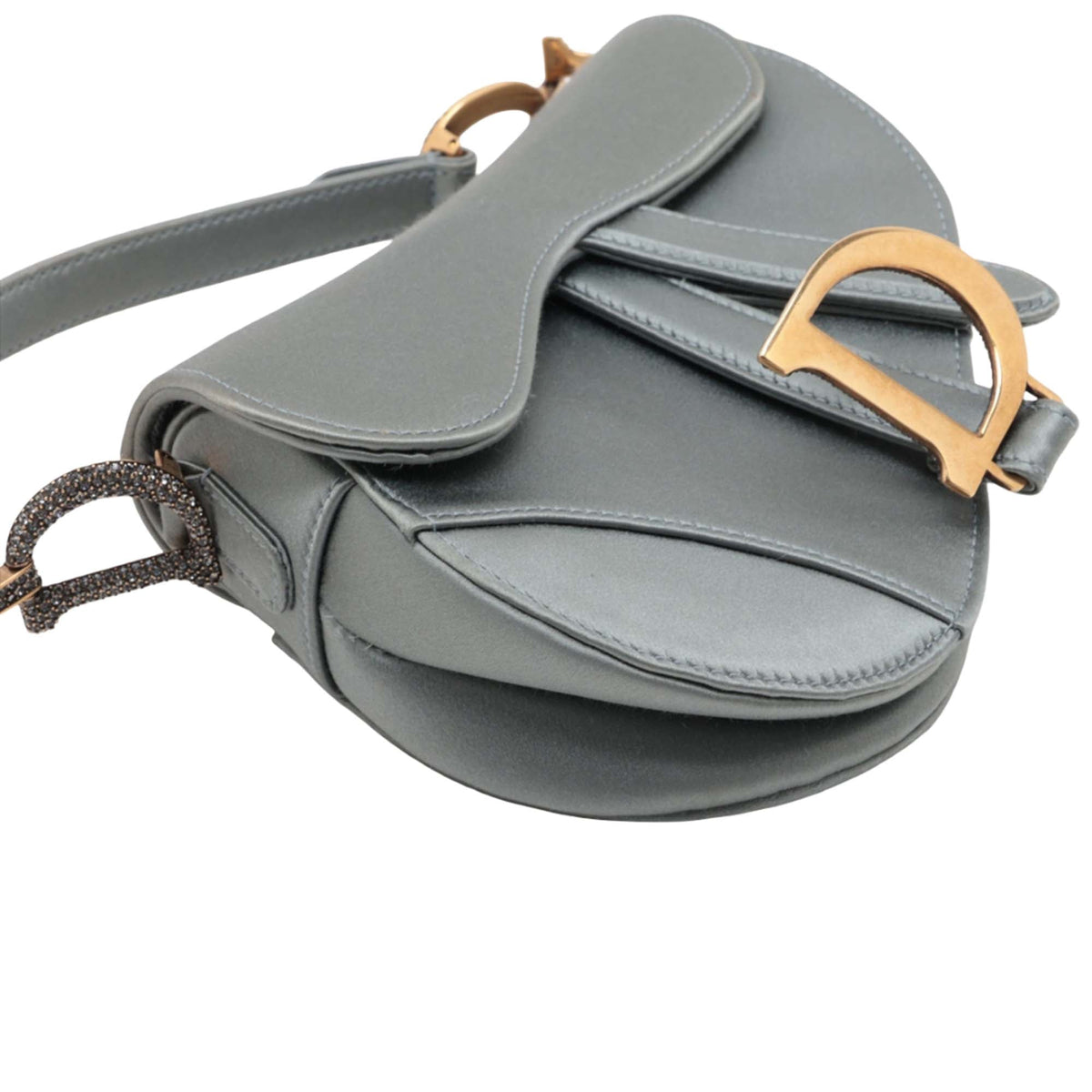 Dior Mini Satin Crystal Embellished Saddle Bag — Gray