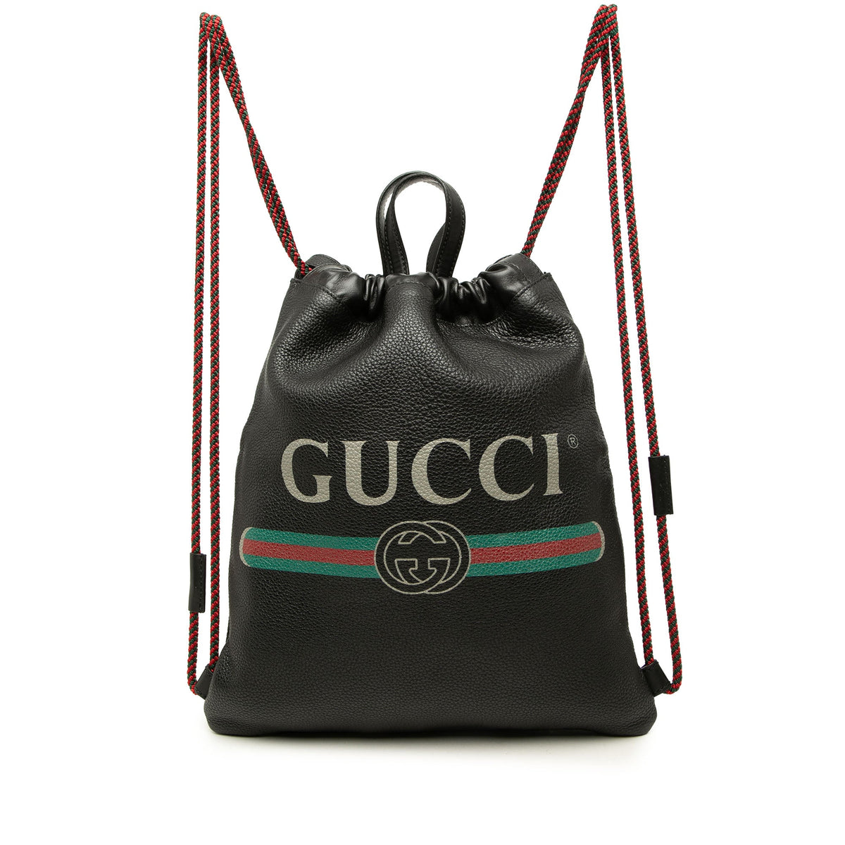 Gucci Leather Logo Drawstring Backpack — Black
