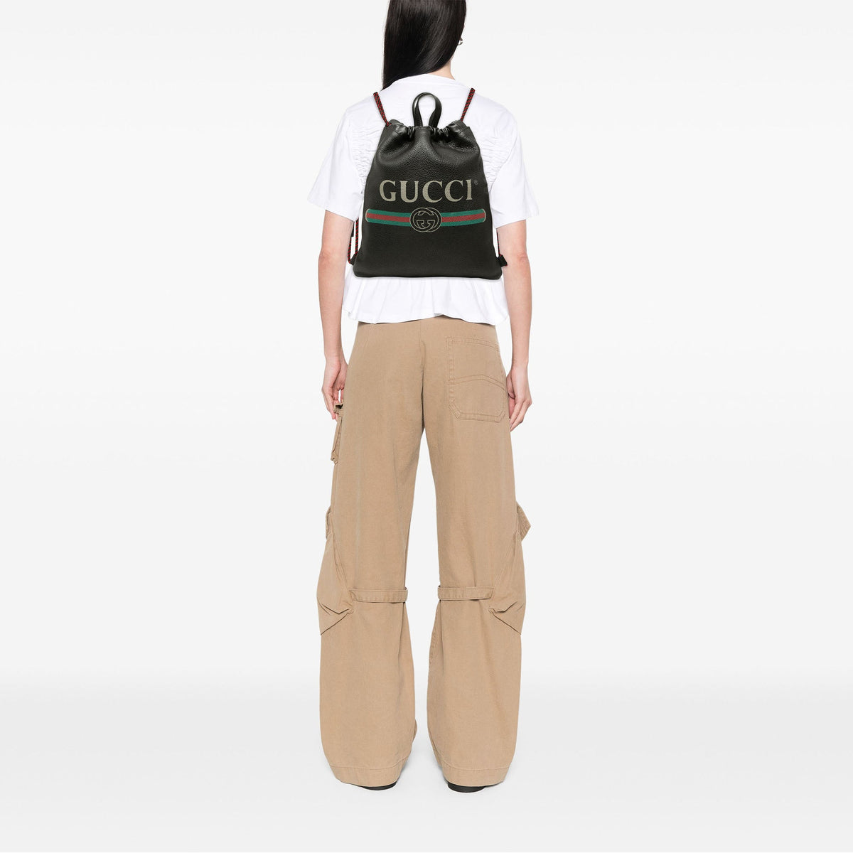 Gucci Leather Logo Drawstring Backpack — Black