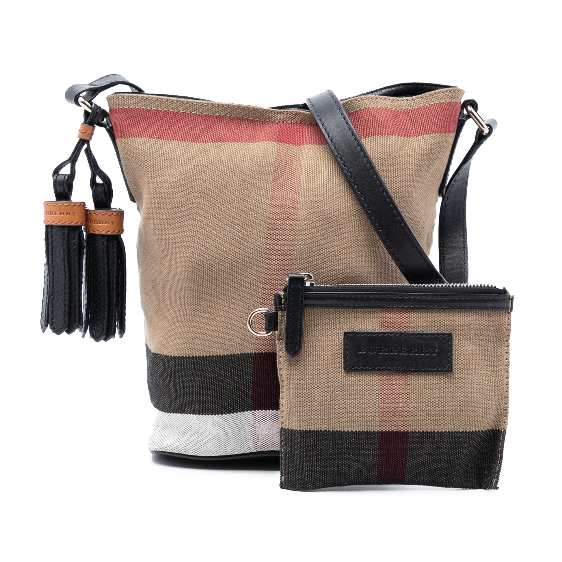 Burberry Mini Mega Check Canvas Ashby Tassel Bucket Bag